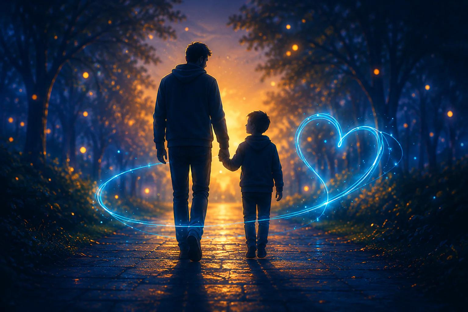 A father and son walking hand in hand along a woodland path at dusk, surrounded by a glowing blue heart symbolising safety and connection.
