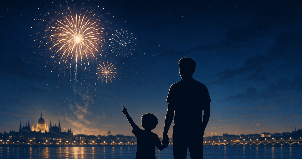A father and child under fireworks in soft blue light