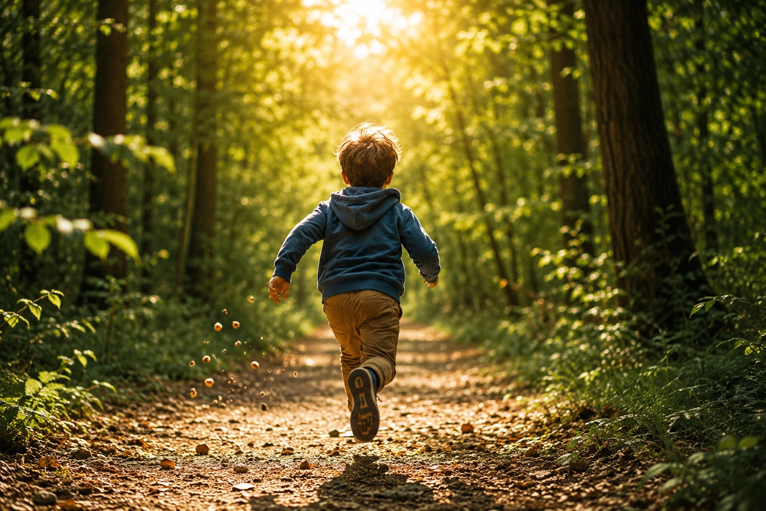 A small child running freely on a sunlit forest path.
