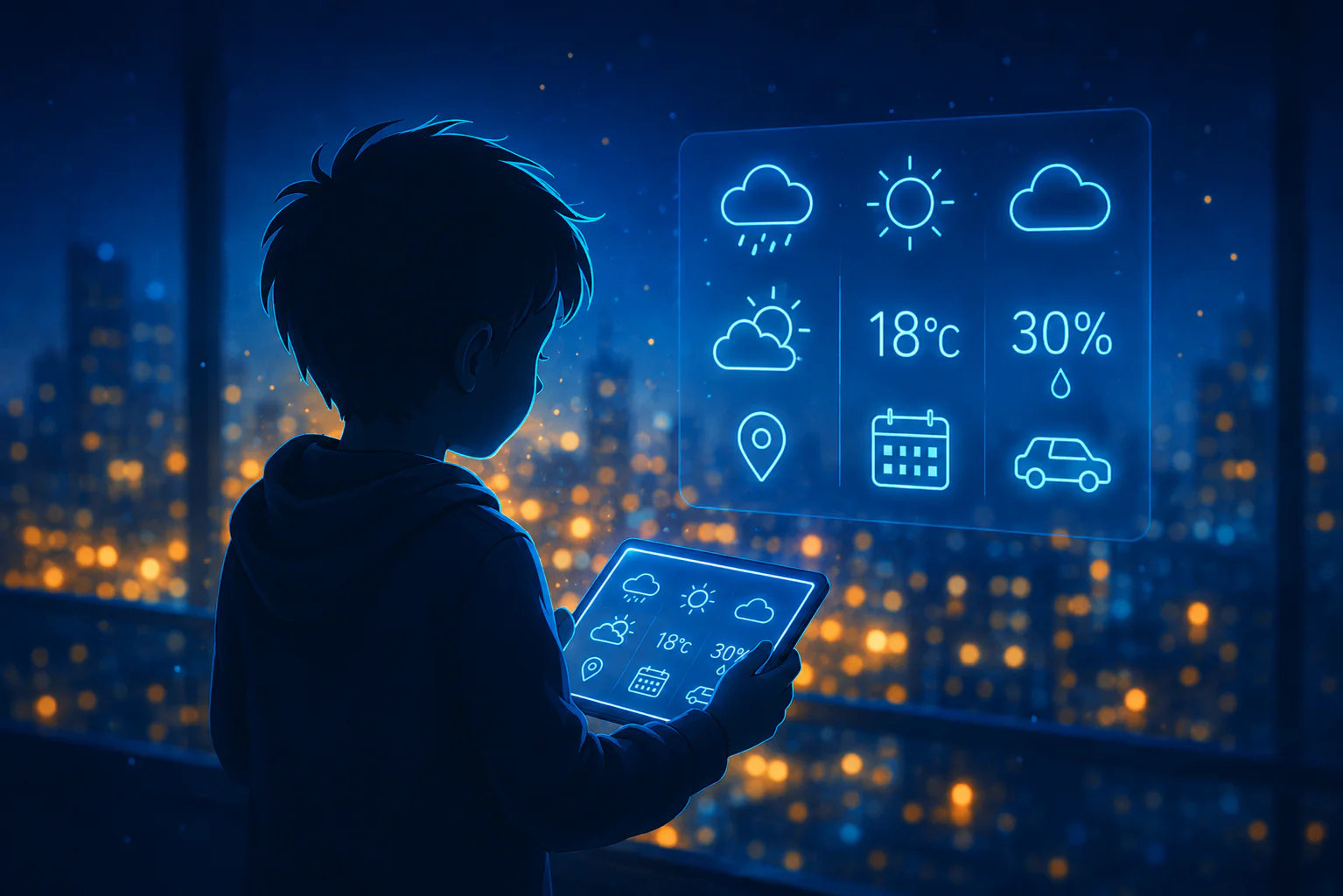 A child checking a weather forecast on a tablet, showing 18 degrees and a 30 percent chance of rain.