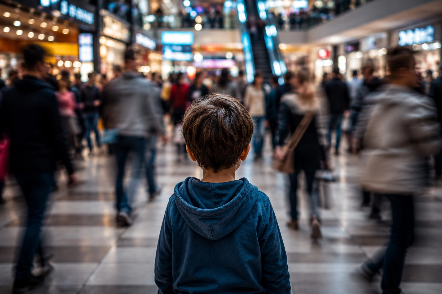 A small child standing in a crowded shopping center while people blur around him