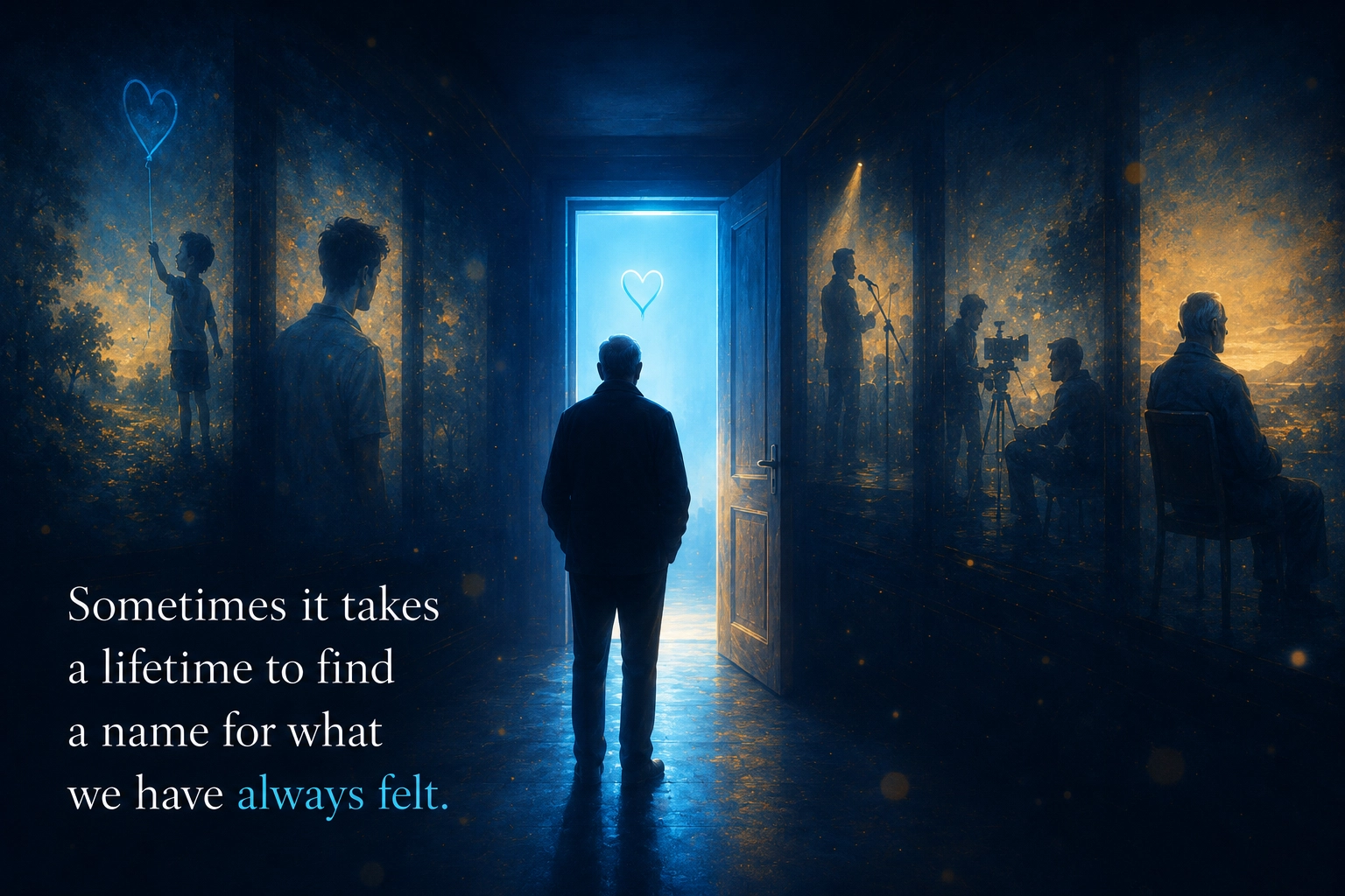 Sometimes it takes a whole life for what we always felt to finally get a name A figure standing in a dark hallway, looking towards an open door flooded with light, faint silhouettes and blue hearts around them