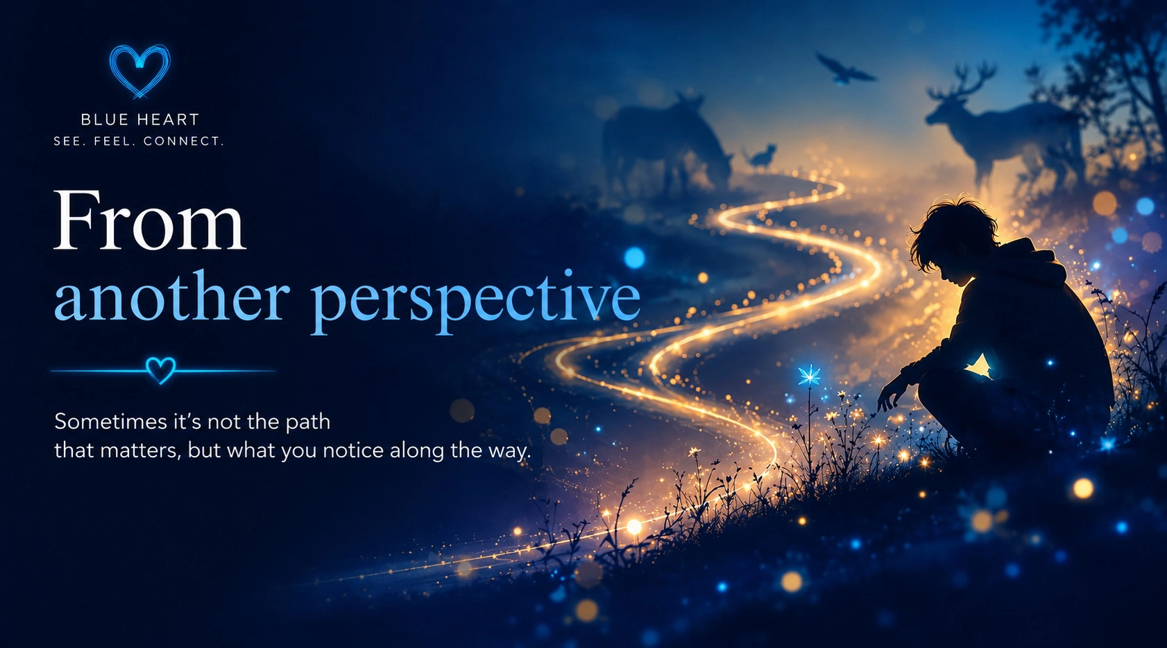From a different angle A winding blue-lit path in a forest with a watching figure and animal silhouettes in the background