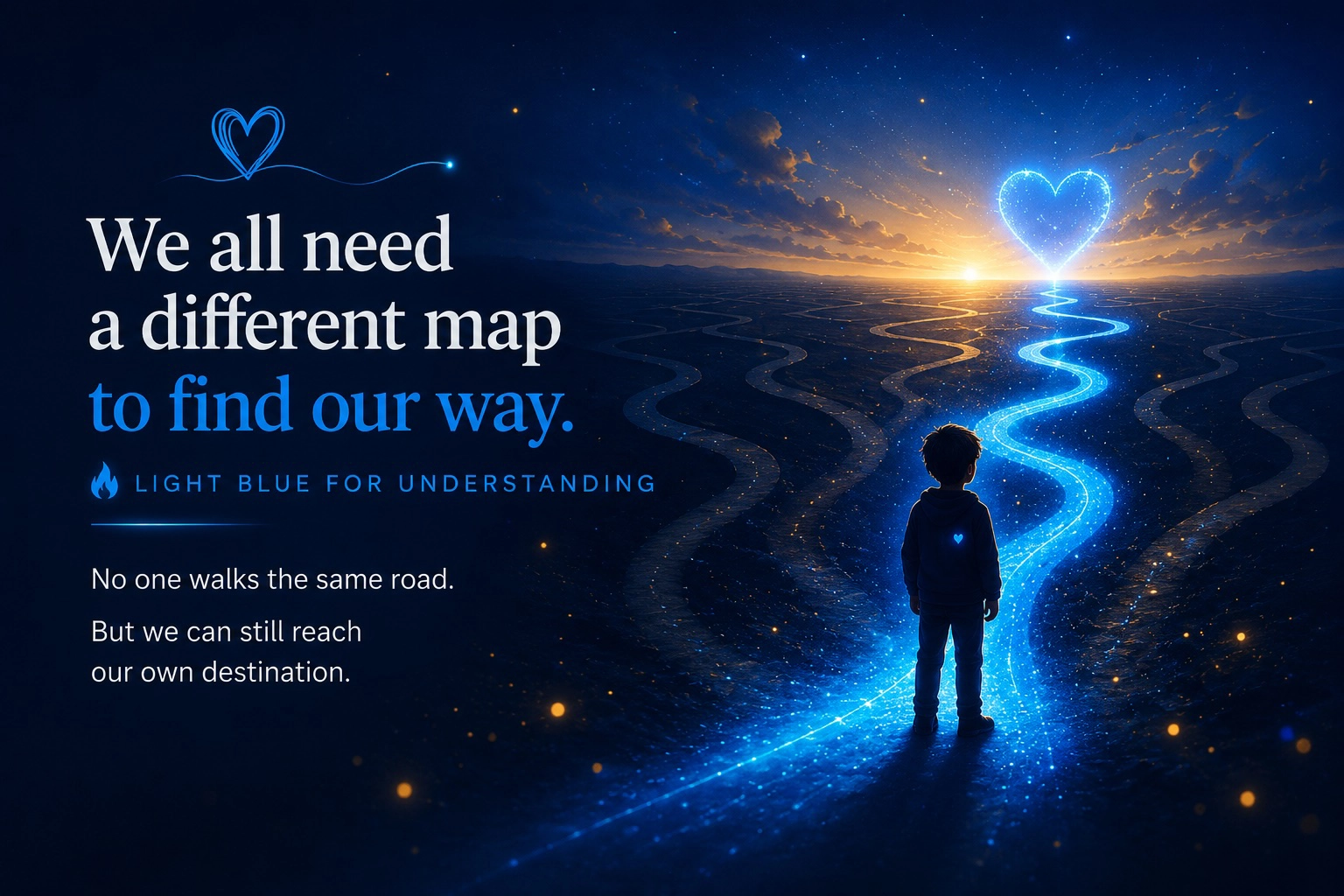 A child's silhouette walking on a winding blue-lit road toward a heart-shaped sunrise