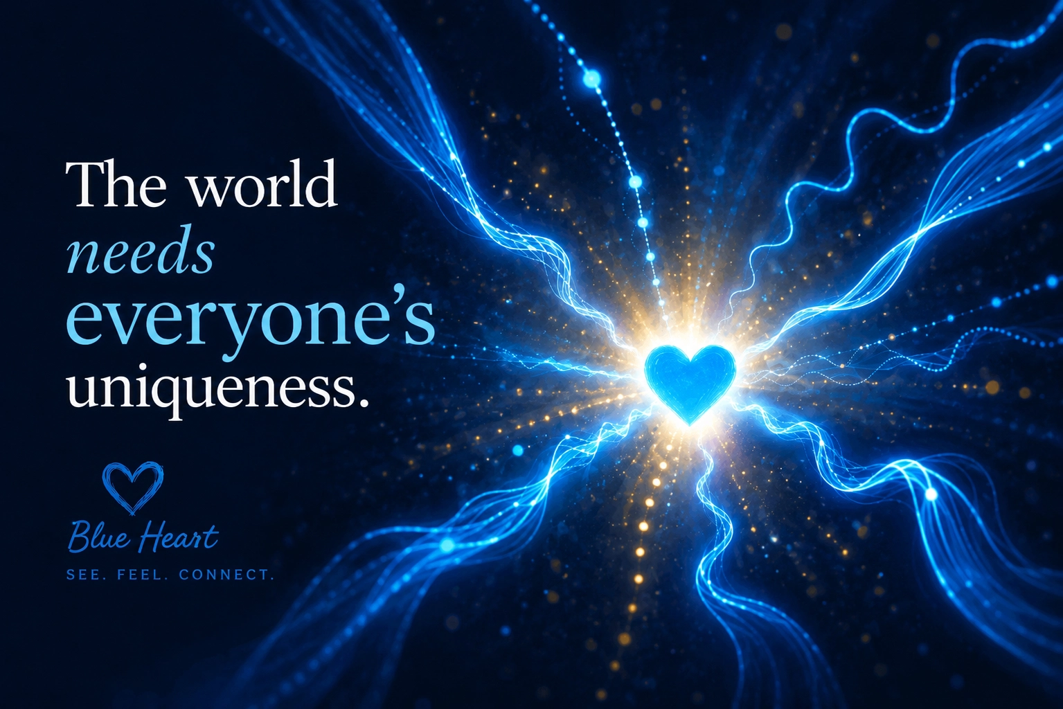 The world needs all kinds of minds Dark blue background where blue light lines meet in a glowing blue heart