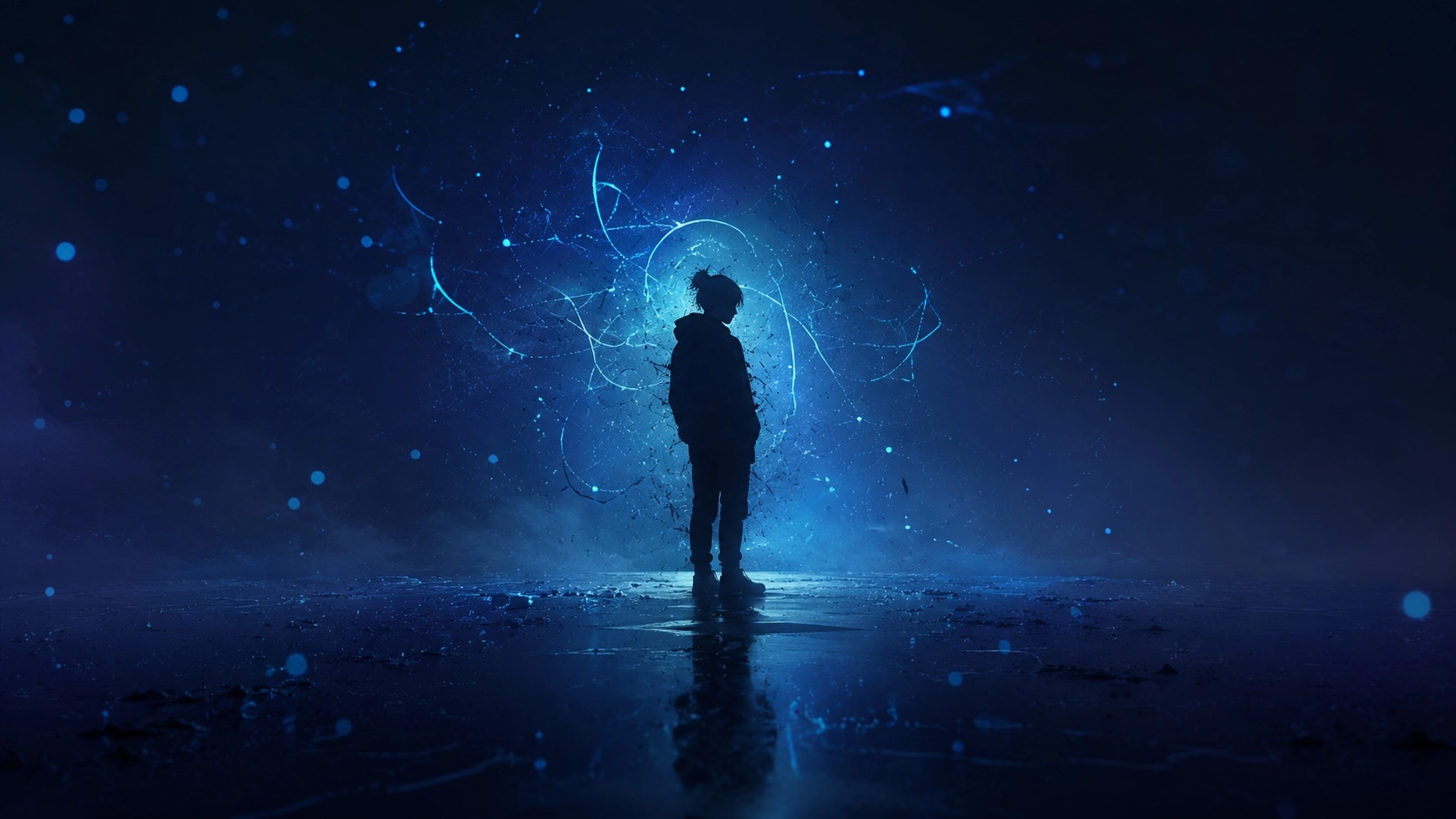 Dark blue illustration of a solitary figure with neon light and abstract nervous-system waves