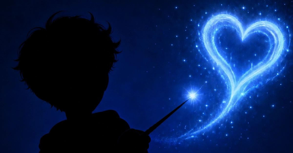 Blue-toned illustration of Daniel Radcliffe as Harry Potter surrounded by blue light