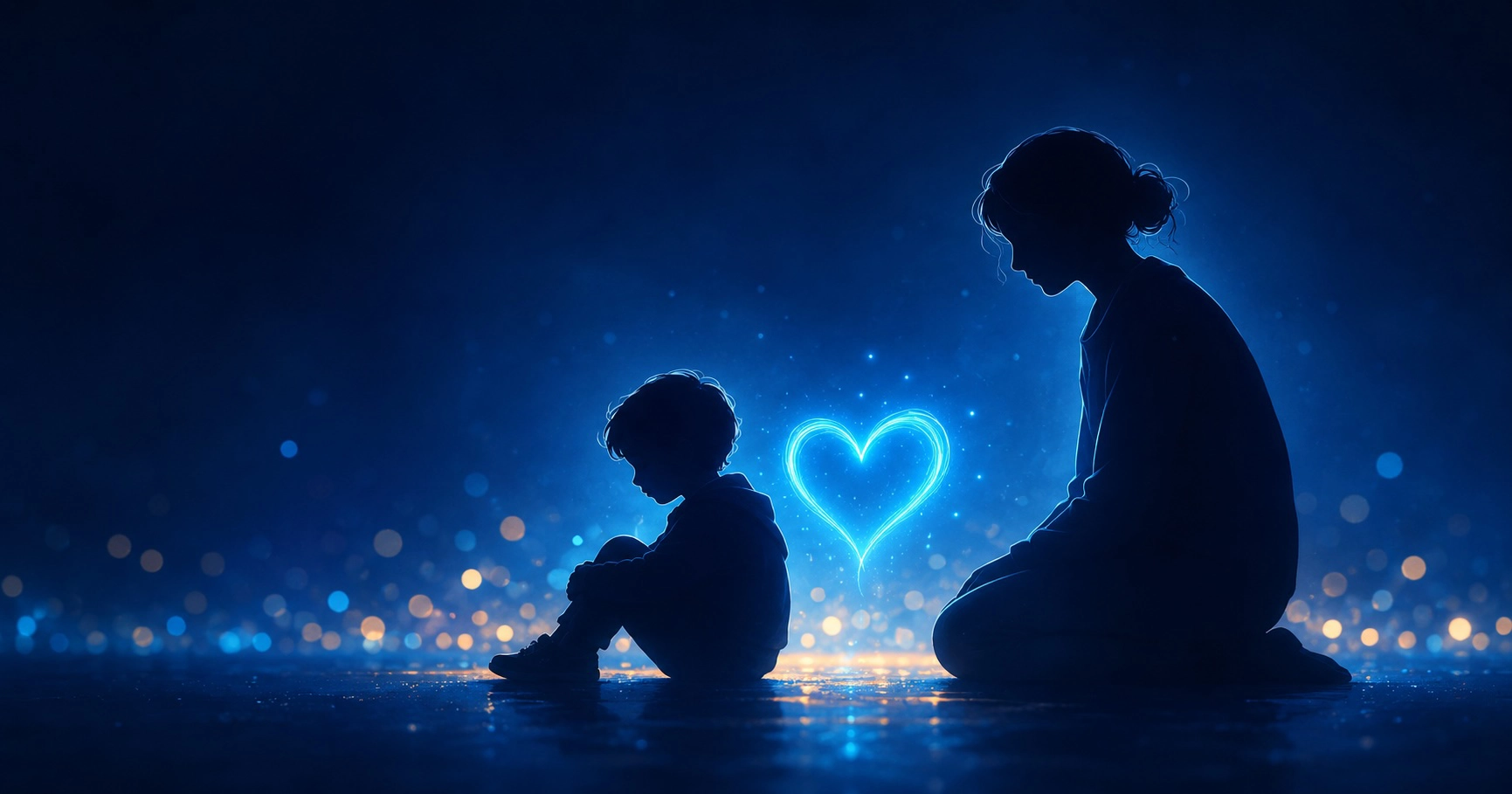 Unconditional parental support A mother and child sitting side by side with a glowing blue heart between them