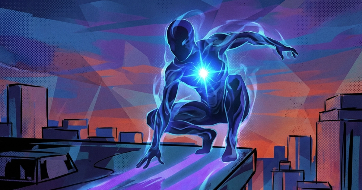 Blue comic-style superhero silhouette surrounded by a blue aura