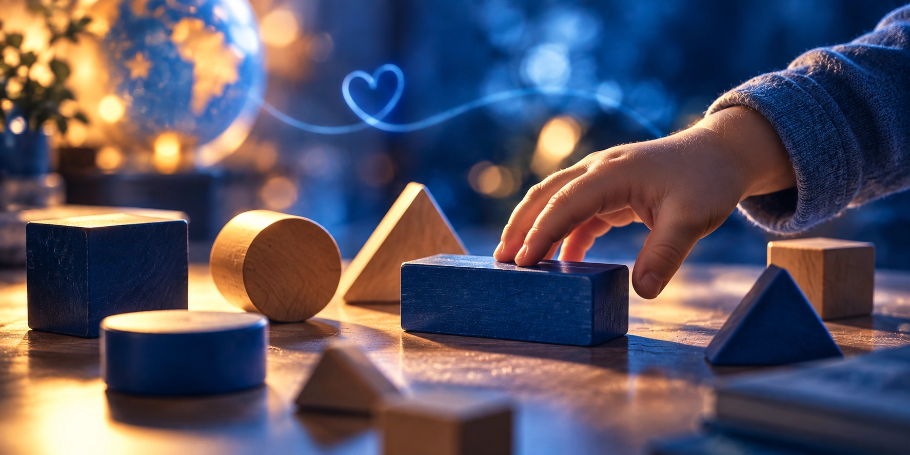 A small child's hand reaching for a blue wooden block, surrounded by blue and natural wooden shapes, with a globe and a glowing blue heart in the background