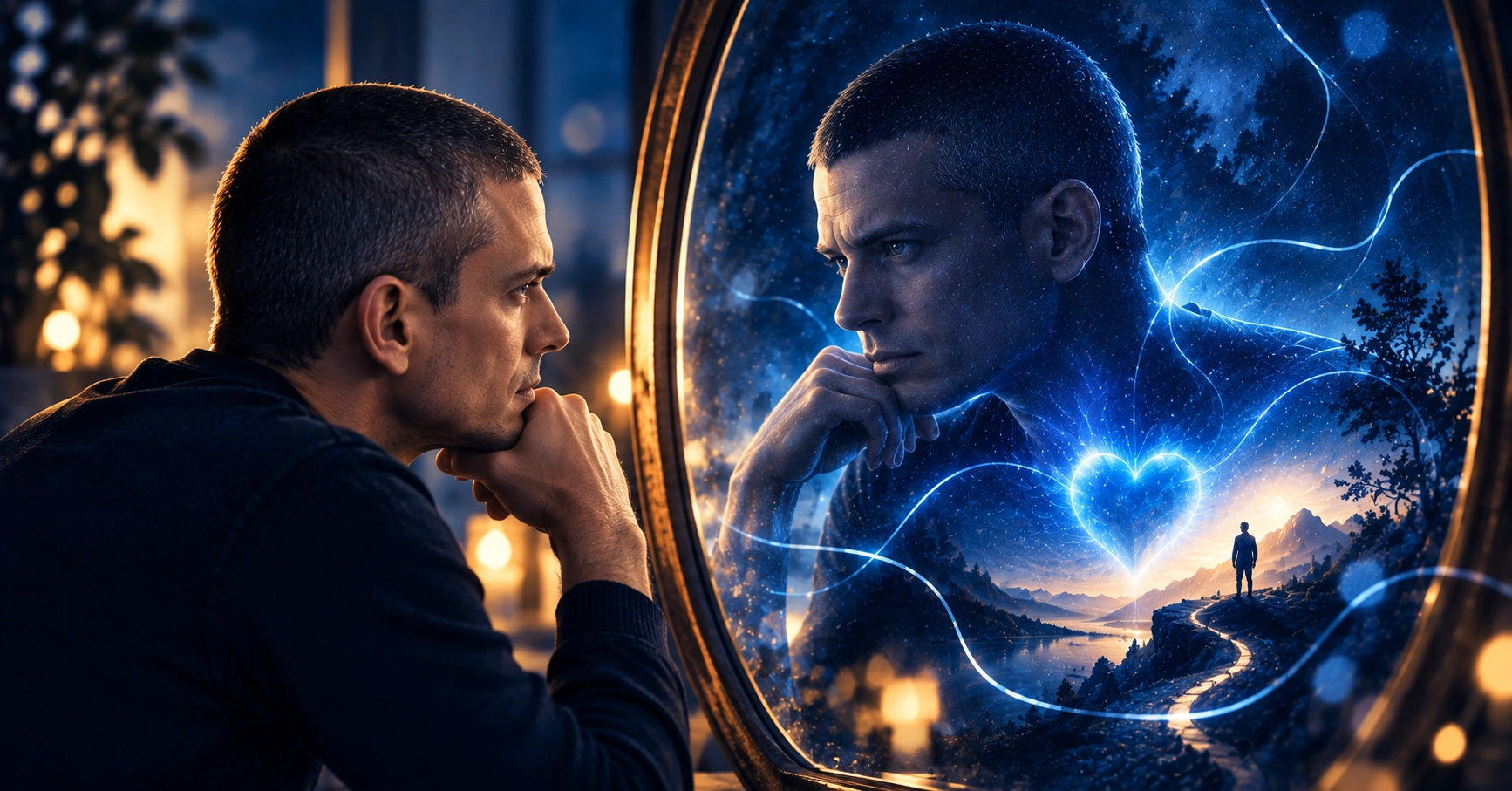 A man resting his chin on his hand and looking into a mirror. His reflection is made of blue light, stars and a glowing blue heart, with a winding path leading towards the mountains behind it