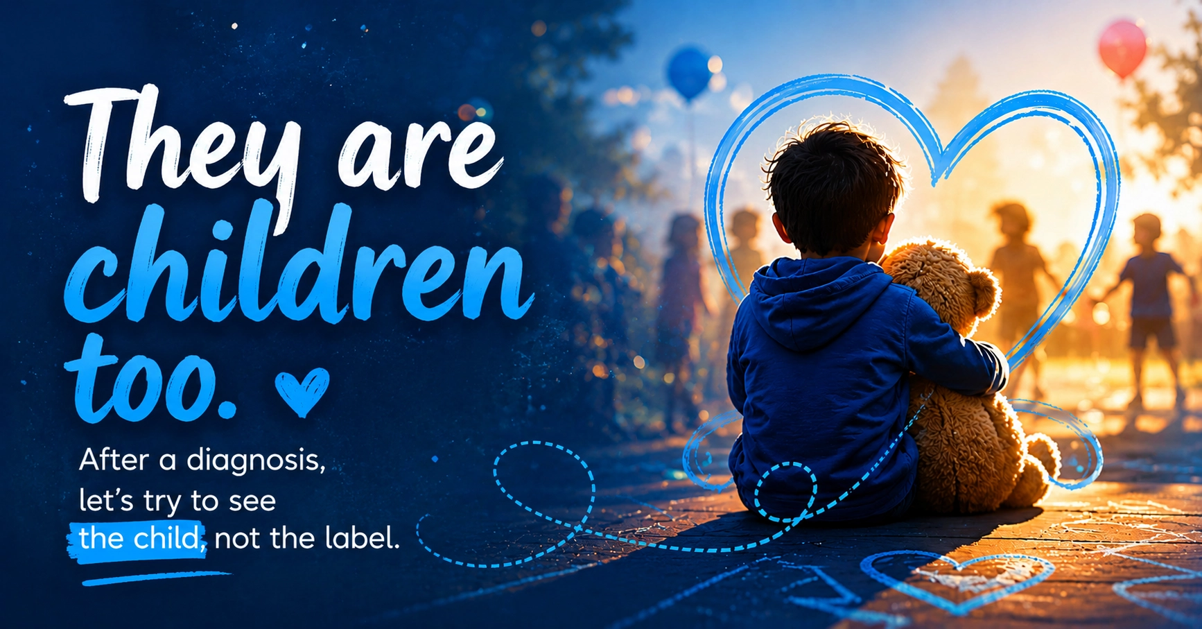 Emotional blue-toned Children's Day illustration showing autistic and ADHD children