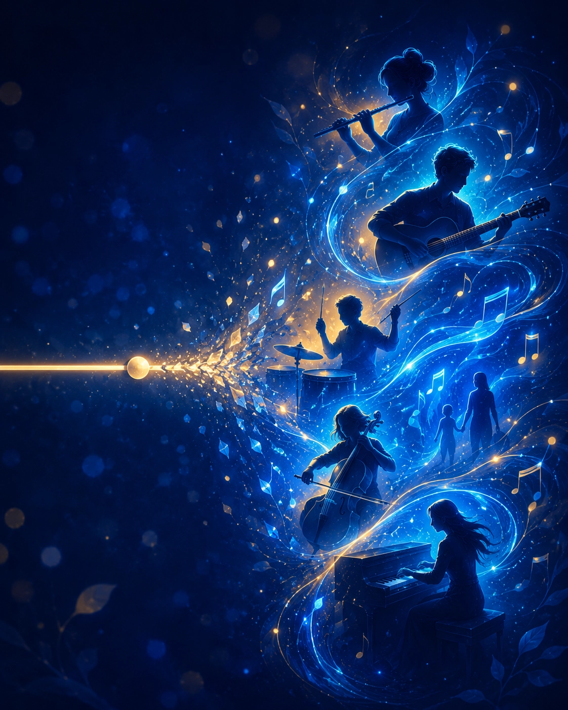 A straight yellow line collides with a dynamic flow of silhouetted musicians spiraling upward in blue light — the spectrum is not a line but multidimensional
