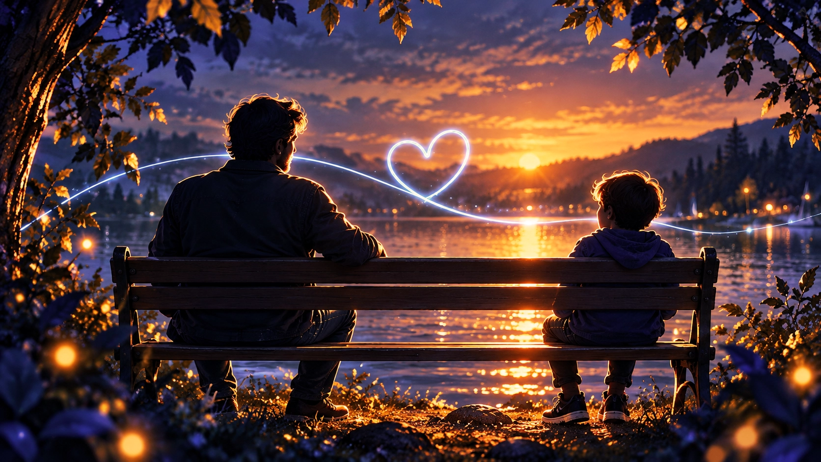 A father and his young son sit a little apart on a bench by a lake at sunset, with a glowing blue line forming a heart between them.