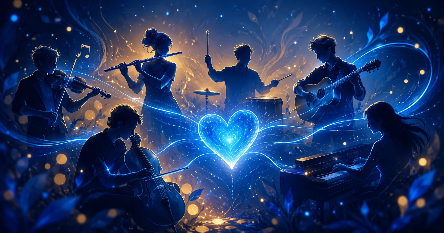 Blue-lit illustration of musicians in silhouette with different instruments surrounding a glowing blue heart — the spectrum as an orchestra