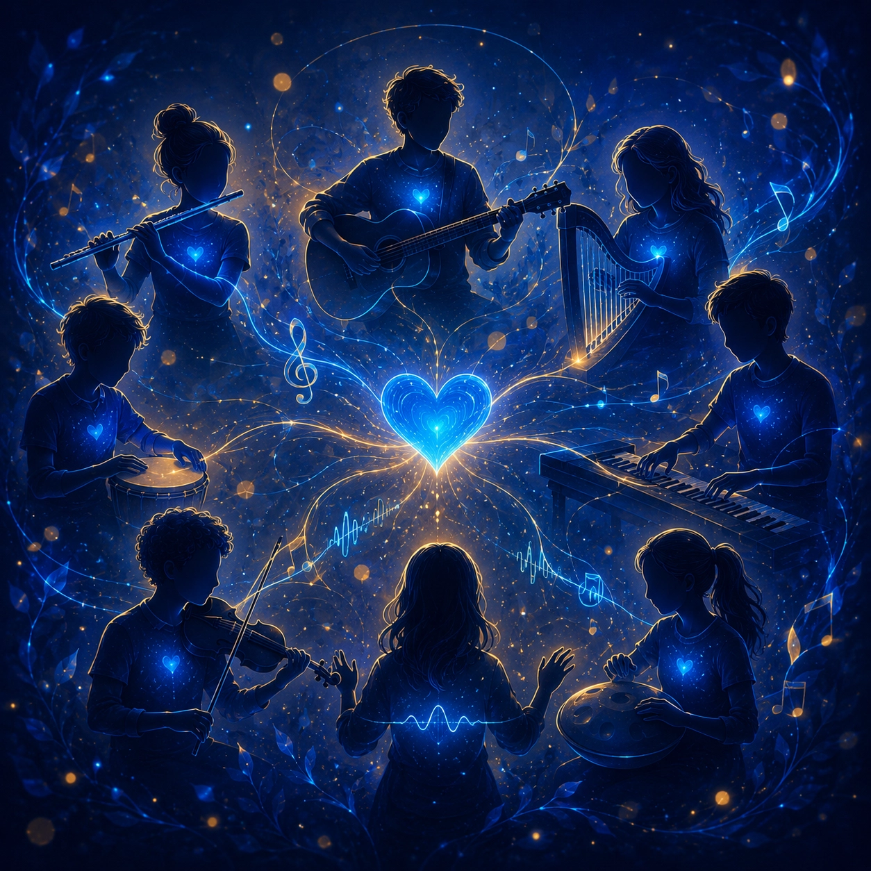 Eight musicians with different instruments in a circle, a glowing blue heart at the center — an illustration of neurodiversity: everyone plays a different instrument in the orchestra