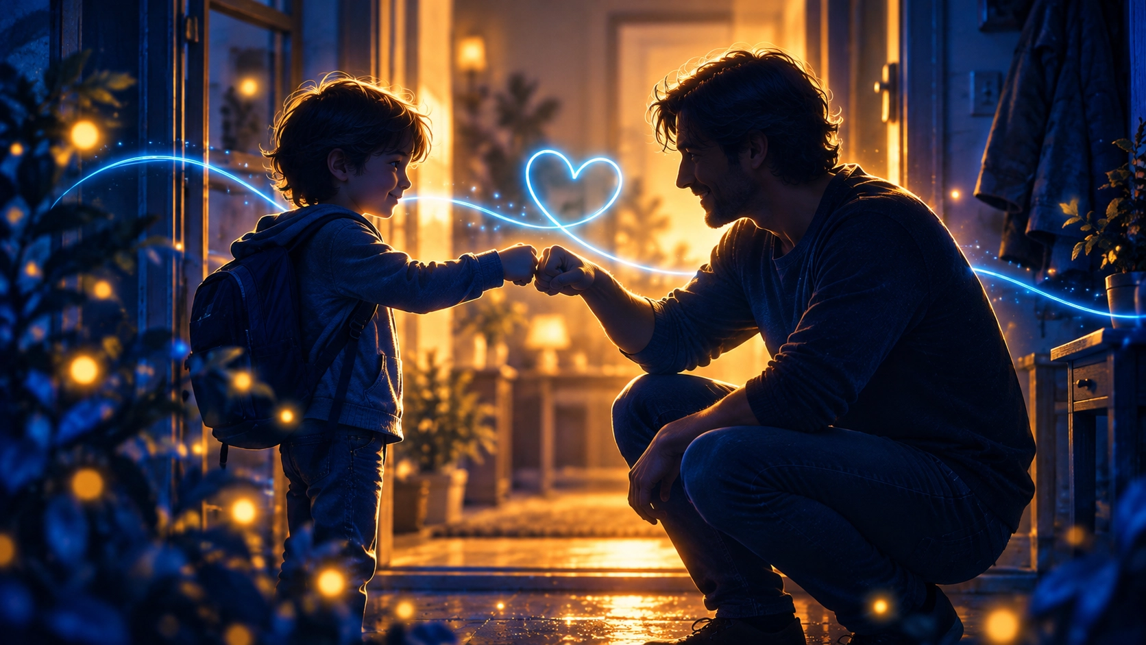 A smiling boy with a school backpack gives a fist bump to his crouching father in a warmly lit hallway; a glowing blue line forms a heart above their fists.
