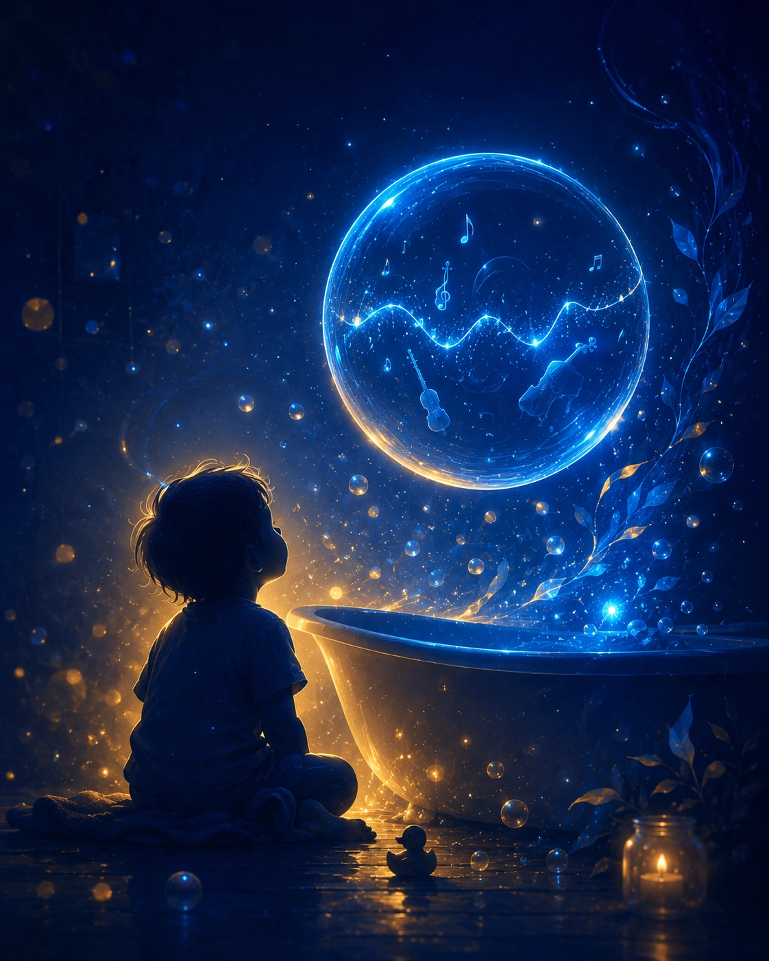 A child's silhouette sitting before a bathtub, gazing up at a glowing soap bubble filled with musical notes and instruments — an illustration of a unique sensory experience