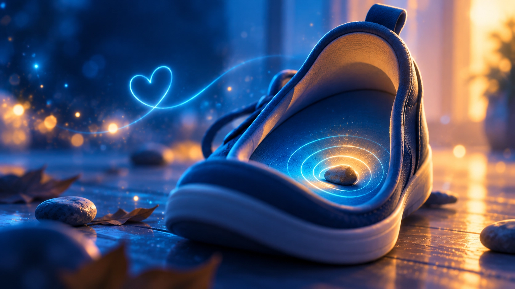 A small pebble inside a shoe surrounded by glowing ripples, representing sensory discomfort.