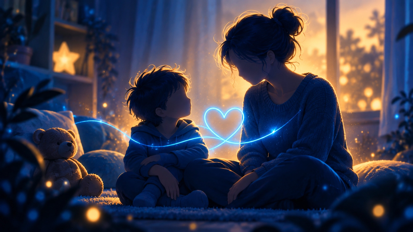 A parent and child calmly turn toward each other as a blue heart-shaped light symbolizes understanding and connection.