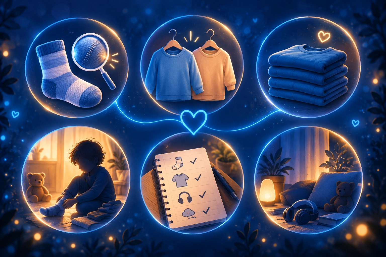 Six visual examples for supporting sensory-friendly dressing through clothing choices, observation and a calmer environment.