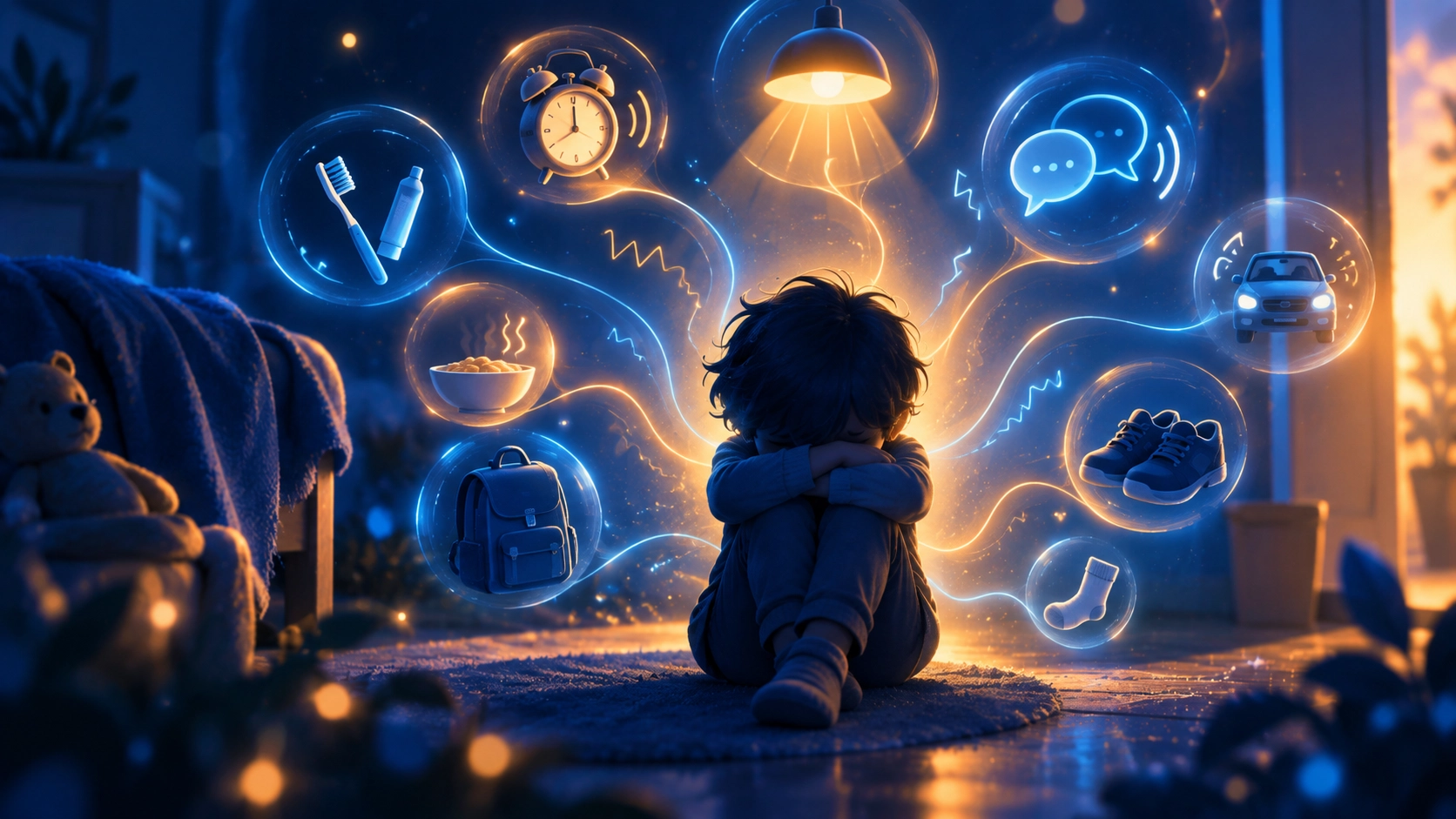 Morning sensory demands surrounding a child, including light, noise, an alarm clock, getting dressed and leaving for school.