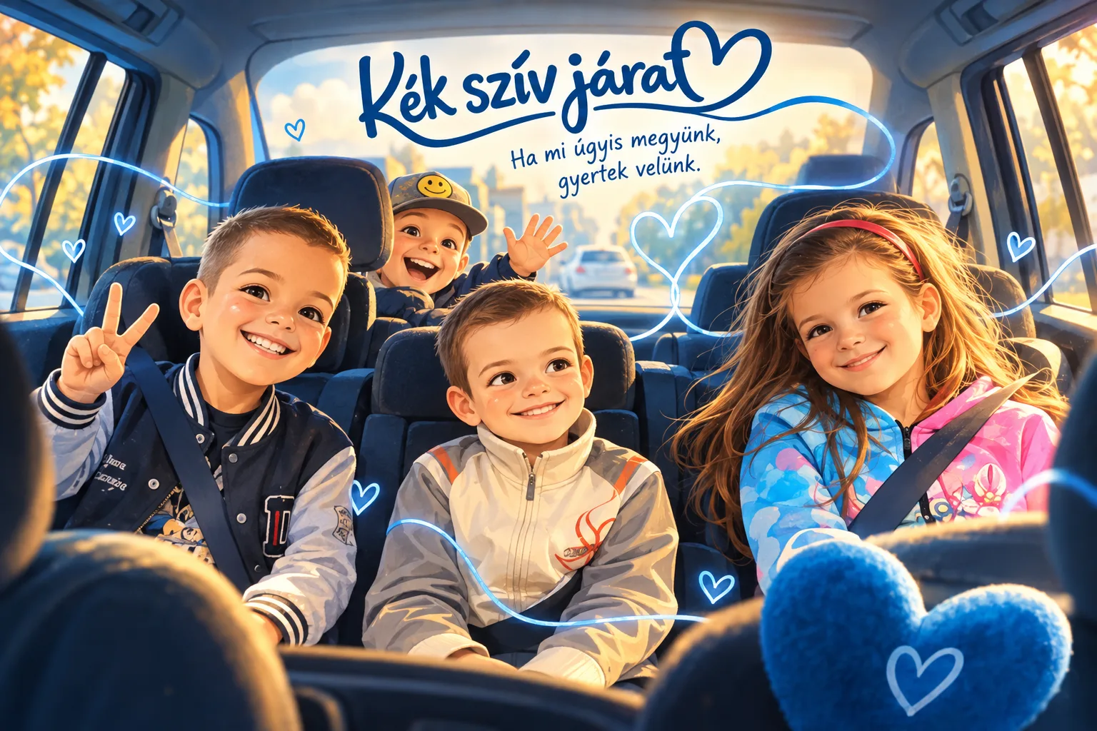 Illustration: four smiling children sit with their seatbelts on in the back seats of a car, waving and showing peace signs, surrounded by blue hearts and lines of light. The Hungarian text reads: Kék szív járat (Blue Heart Ride) – If we're going anyway, come with us.