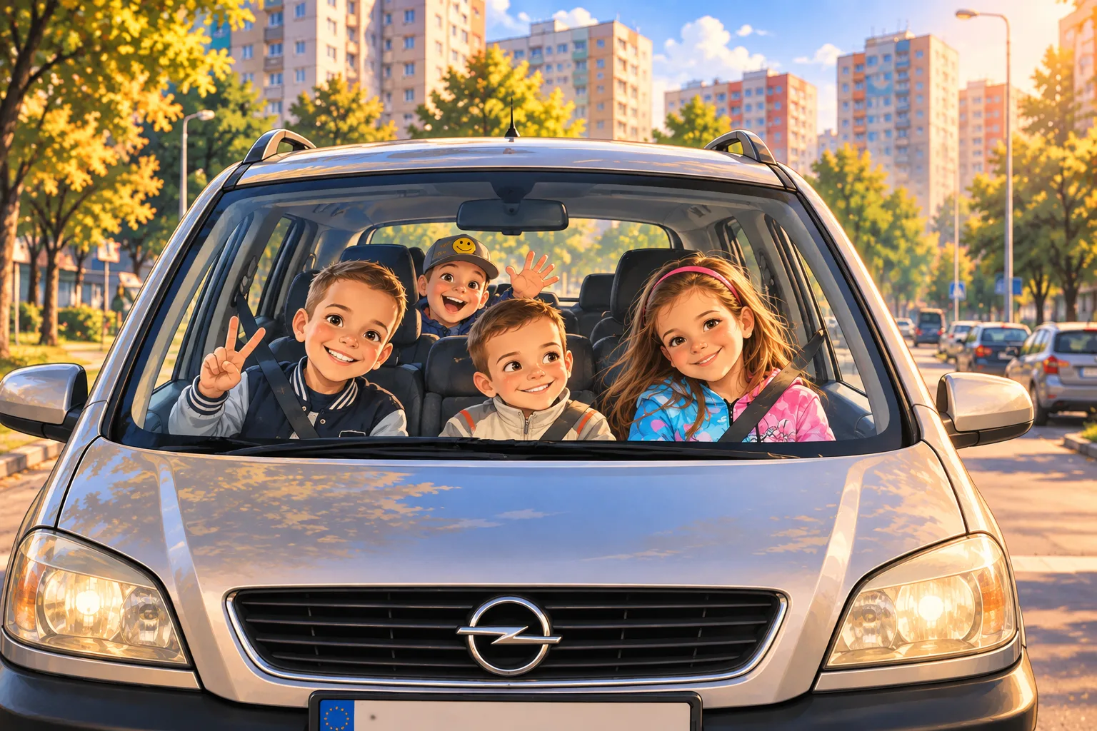 The Blue Heart Ride in Újpalota Illustration: a silver Opel Zafira parked among the blocks of flats in Újpalota, with four happy children waving from behind the windscreen in autumn sunshine